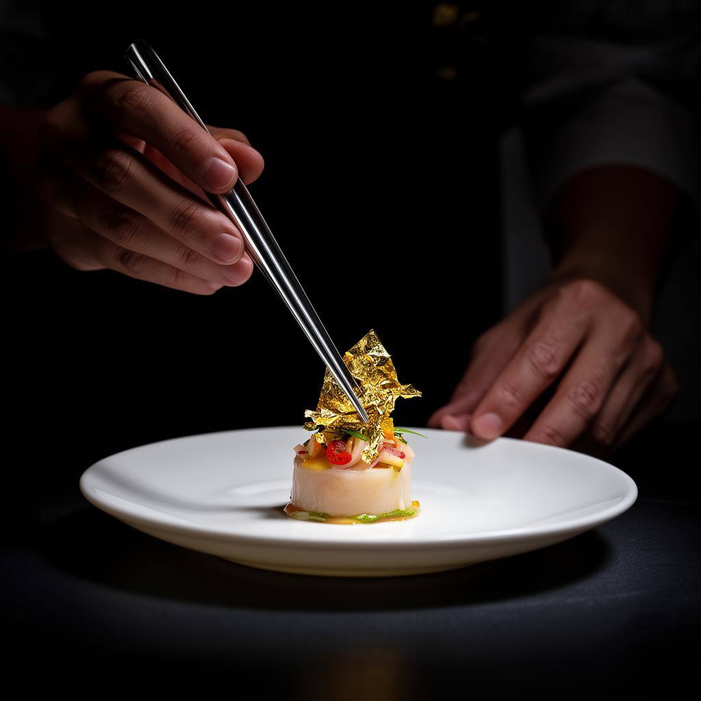 Chef plating with gold leaf