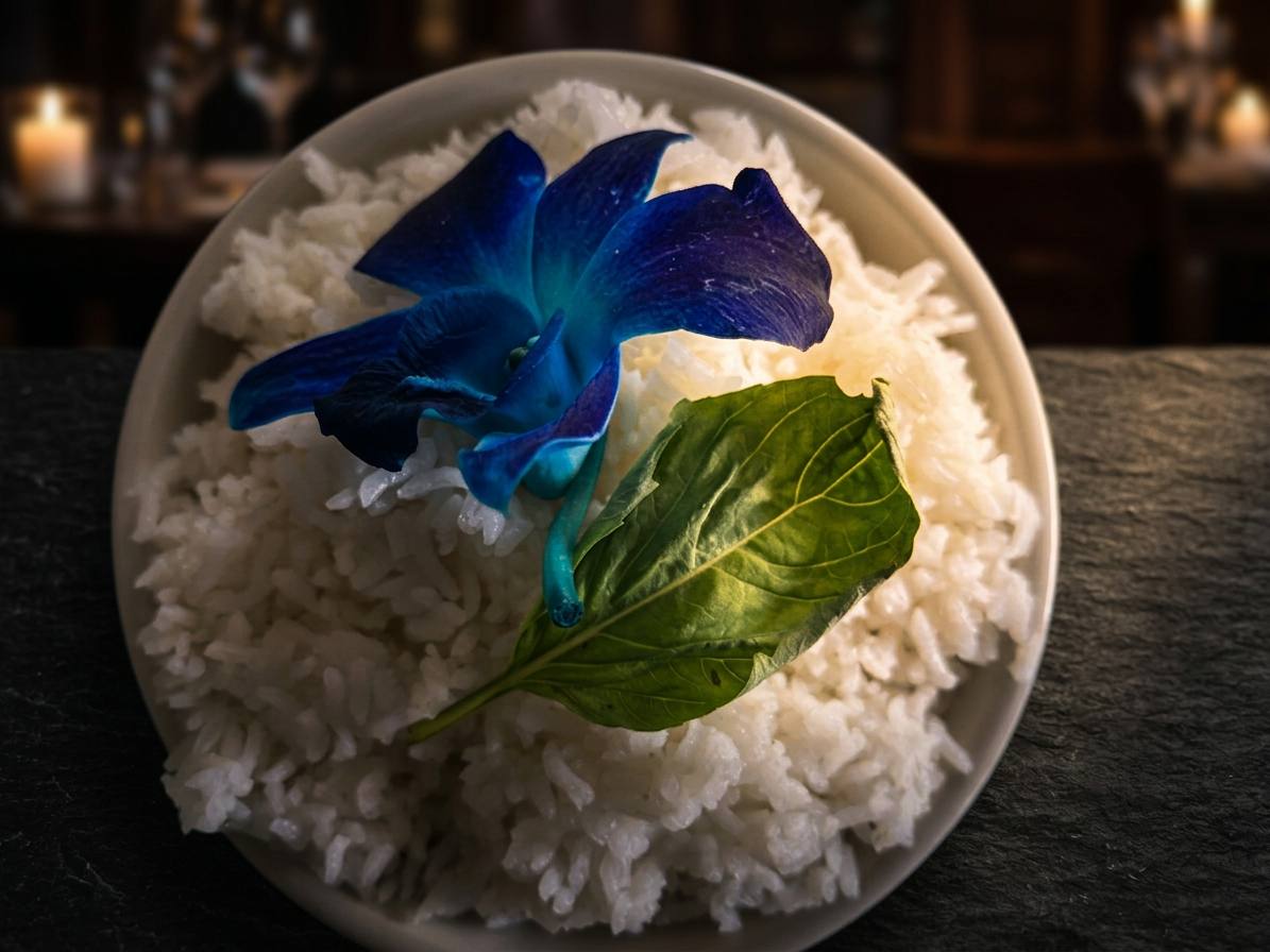 Steamed jasmine rice with orchid garnish