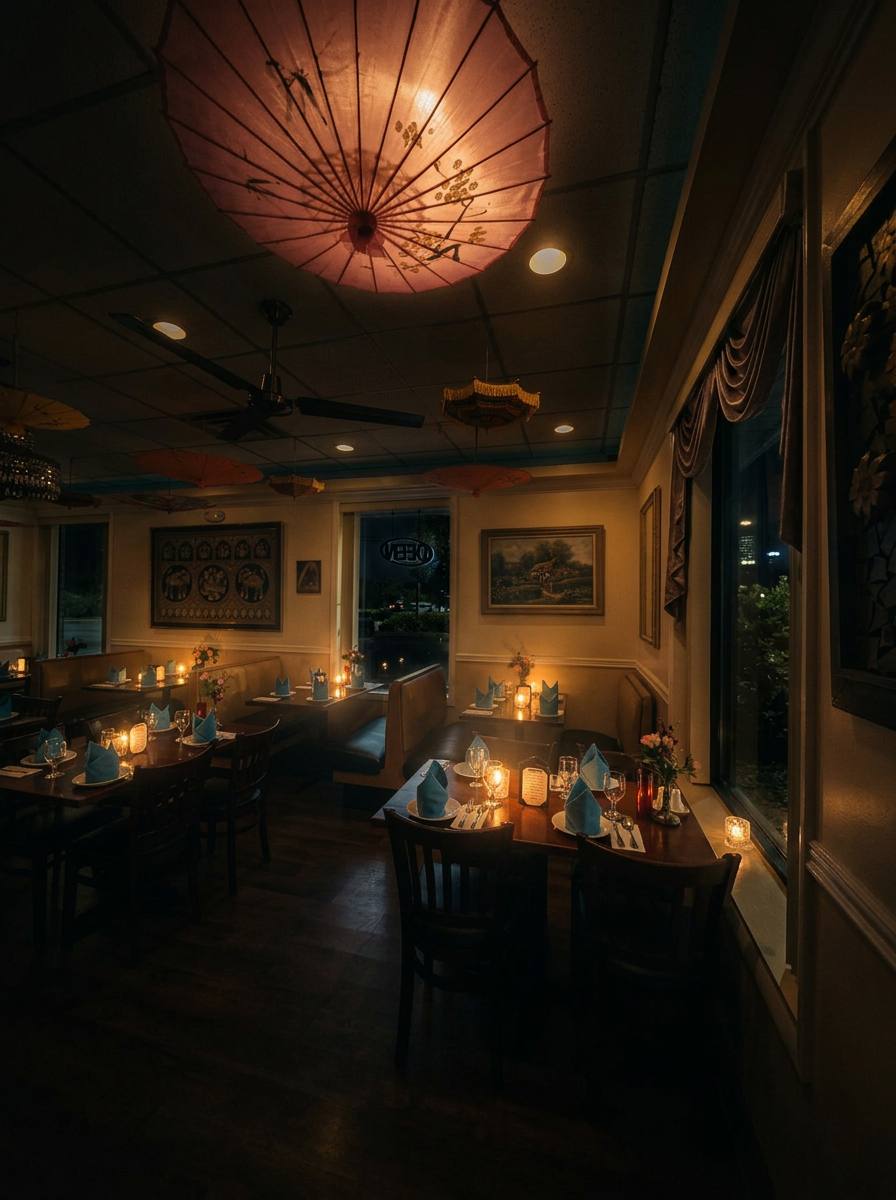 Intimate booth seating under Thai parasols