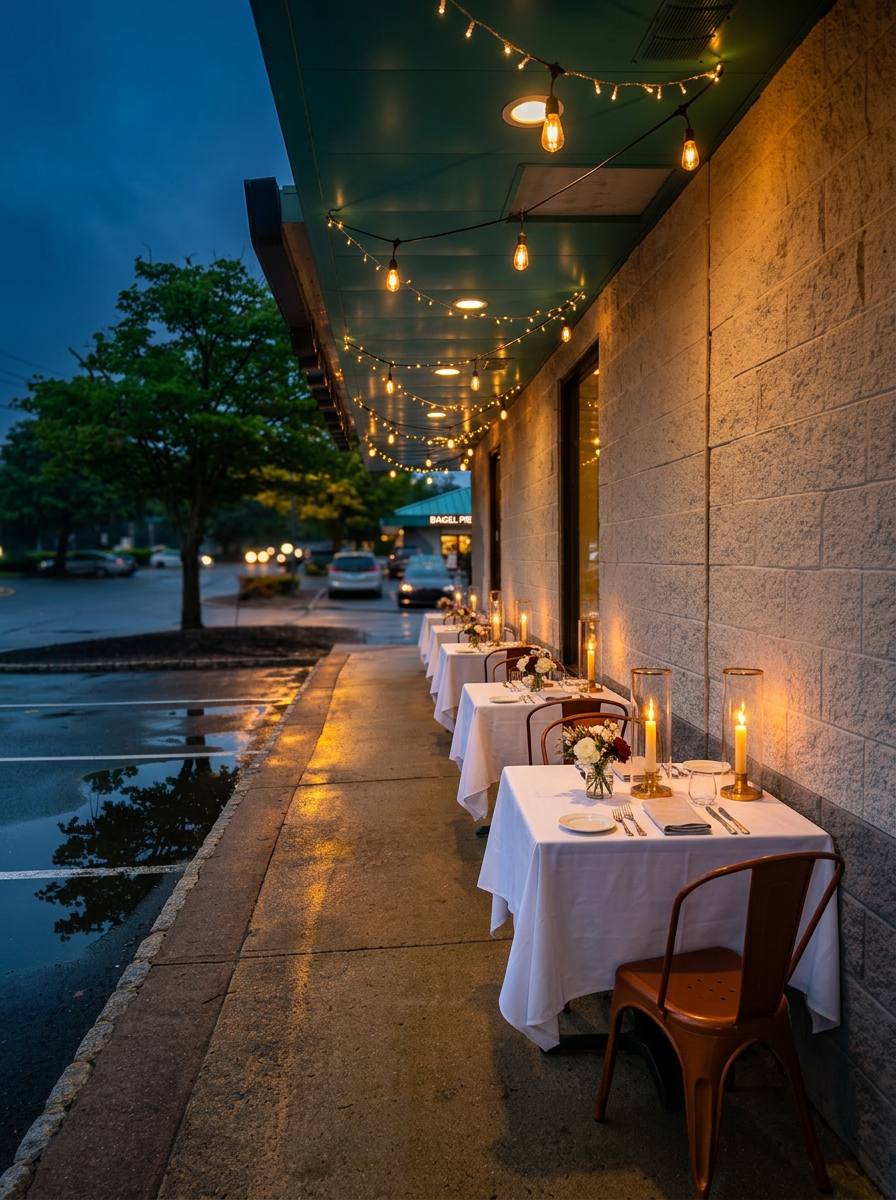 Candlelit terrace at Thai Lotus with string lights and linen tables